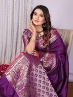 Elora Magenta Soft Silk Plain Banarasi With Peacock Zari Jacquard Weaving Border Saree | Grocsy