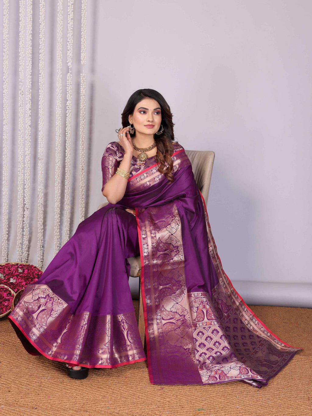 Elora Magenta Soft Silk Plain Banarasi With Peacock Zari Jacquard Weaving Border Saree | Grocsy