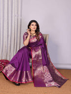 Elora Magenta Soft Silk Plain Banarasi With Peacock Zari Jacquard Weaving Border Saree | Grocsy