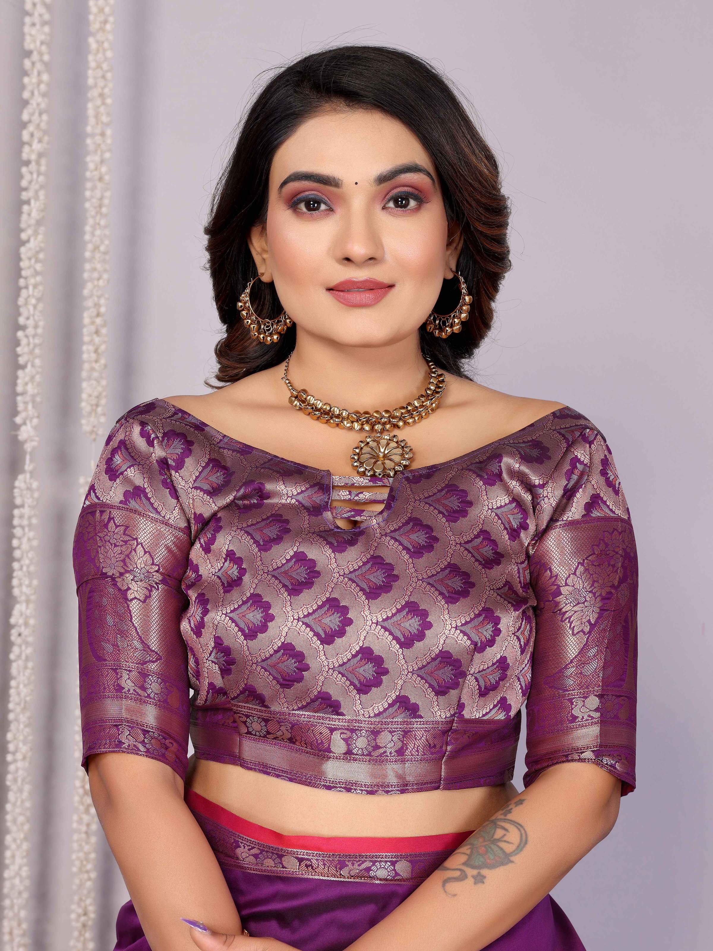 Elora Magenta Soft Silk Plain Banarasi With Peacock Zari Jacquard Weaving Border Saree | Grocsy