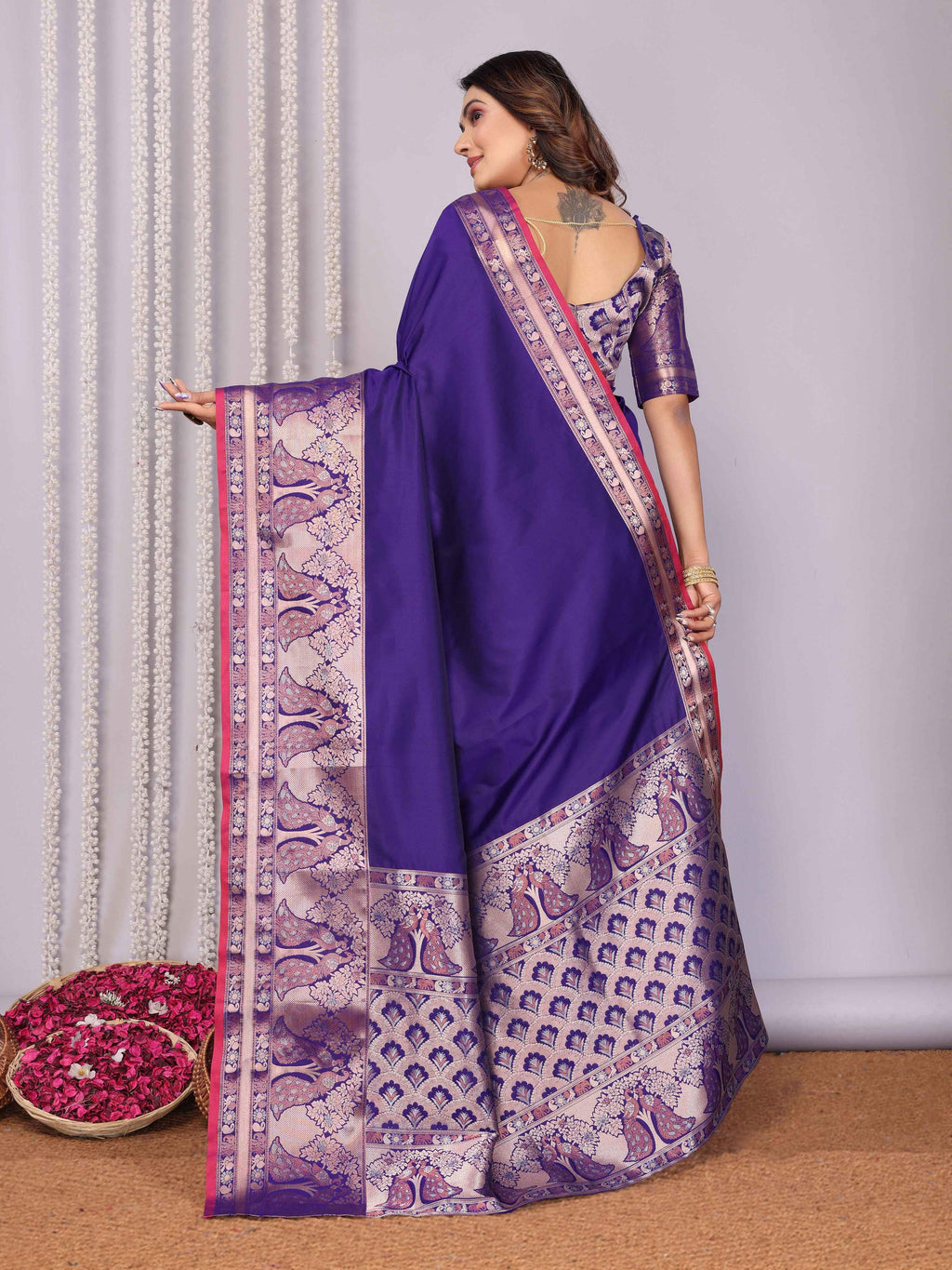 Elora Purple Soft Silk Plain Banarasi With Peacock Zari Jacquard Weaving Border Saree | Grocsy
