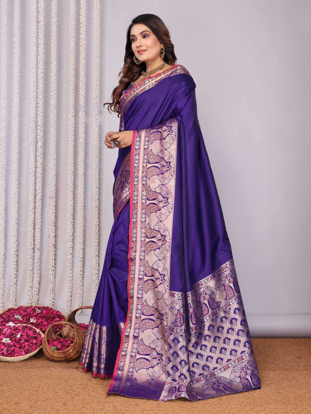 Elora Purple Soft Silk Plain Banarasi With Peacock Zari Jacquard Weaving Border Saree | Grocsy