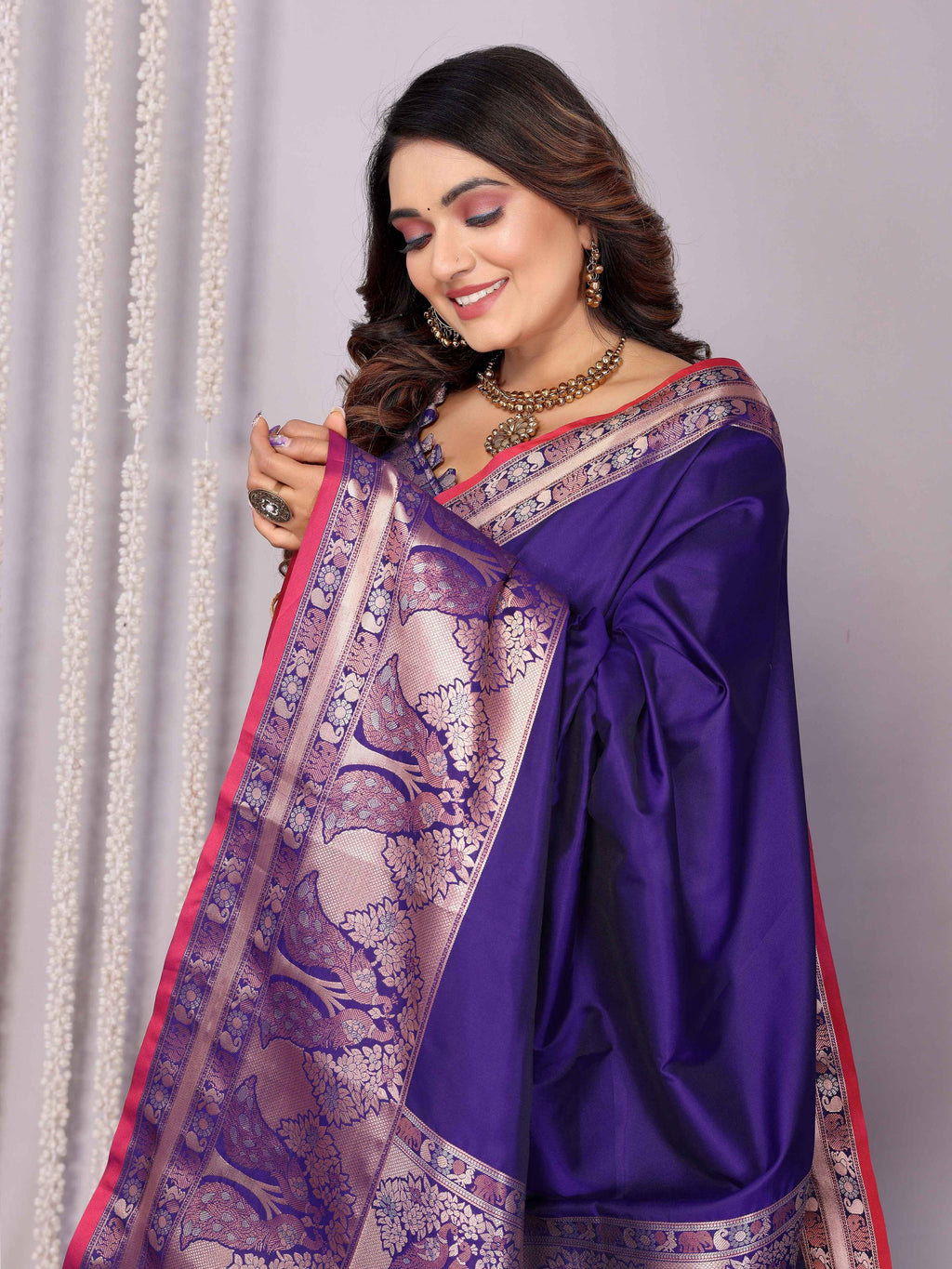Elora Purple Soft Silk Plain Banarasi With Peacock Zari Jacquard Weaving Border Saree | Grocsy