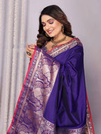 Elora Purple Soft Silk Plain Banarasi With Peacock Zari Jacquard Weaving Border Saree | Grocsy
