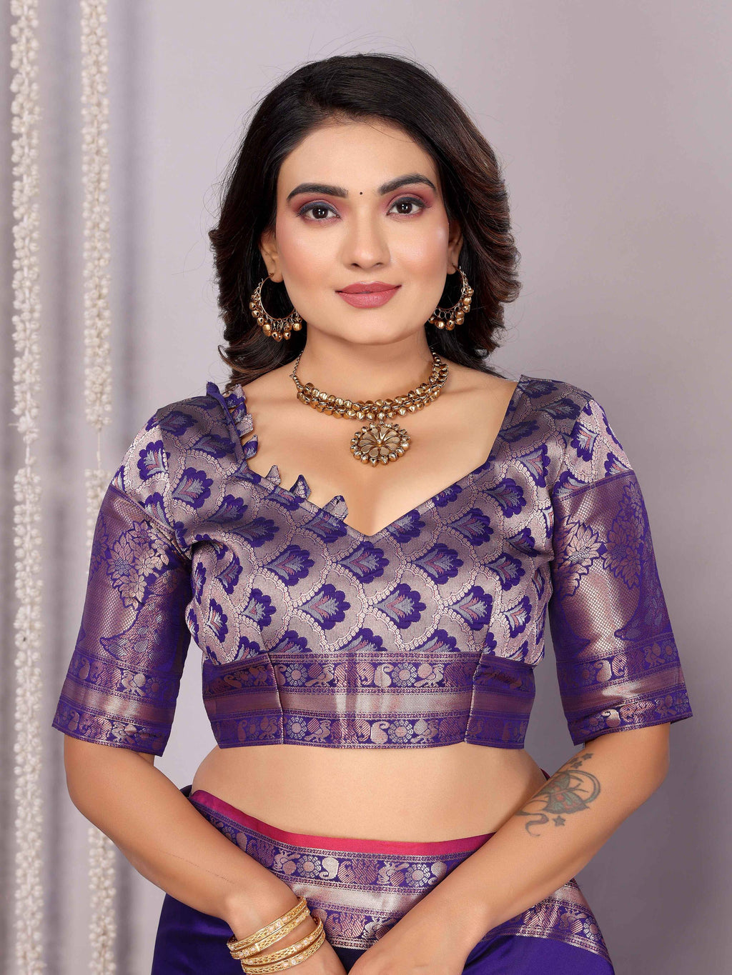 Elora Purple Soft Silk Plain Banarasi With Peacock Zari Jacquard Weaving Border Saree | Grocsy