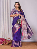 Elora Purple Soft Silk Plain Banarasi With Peacock Zari Jacquard Weaving Border Saree | Grocsy