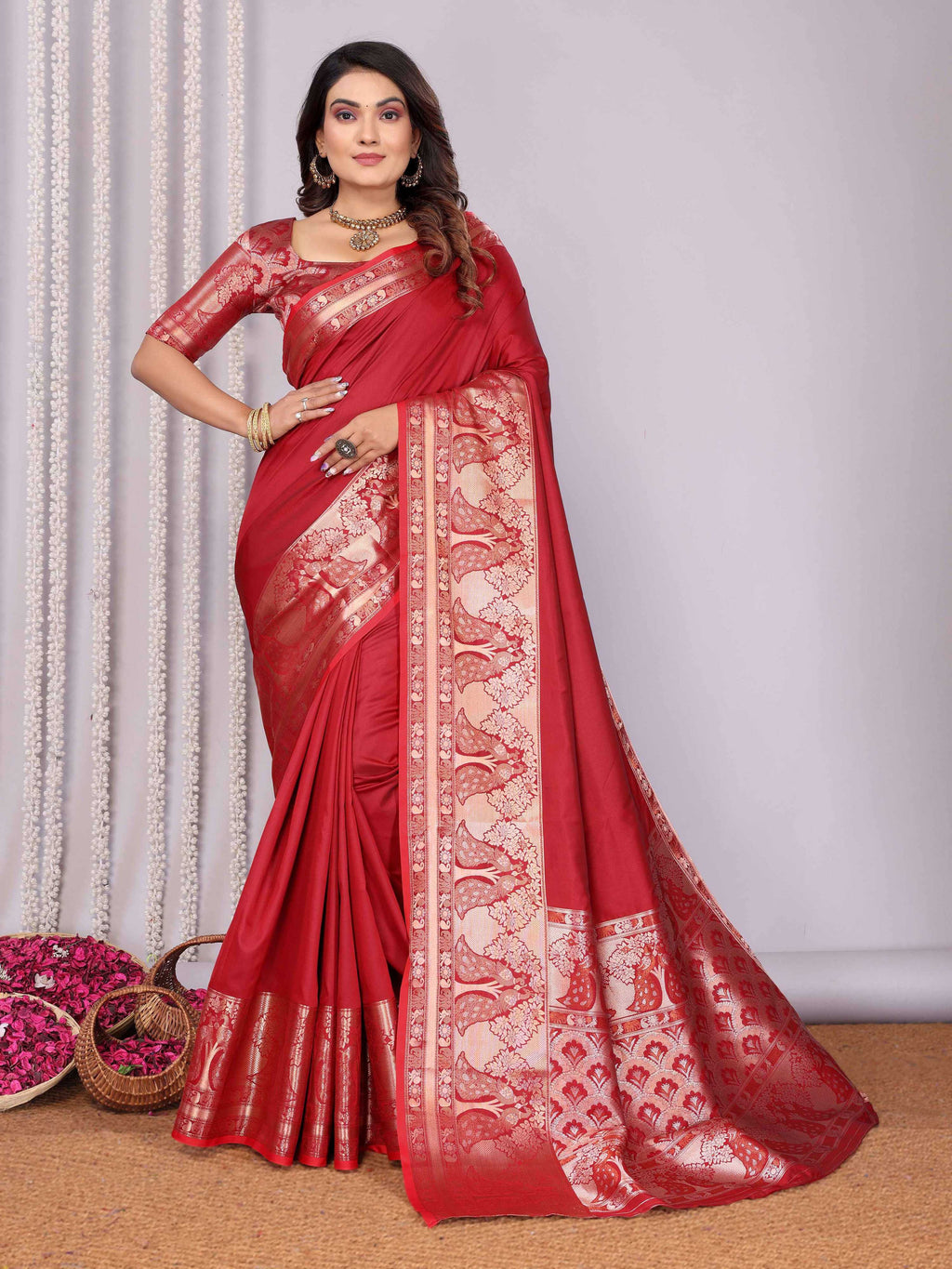 Elora Red Soft Silk Plain Banarasi With Peacock Zari Jacquard Weaving Border Saree | Grocsy