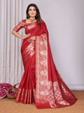 Elora Red Soft Silk Plain Banarasi With Peacock Zari Jacquard Weaving Border Saree | Grocsy