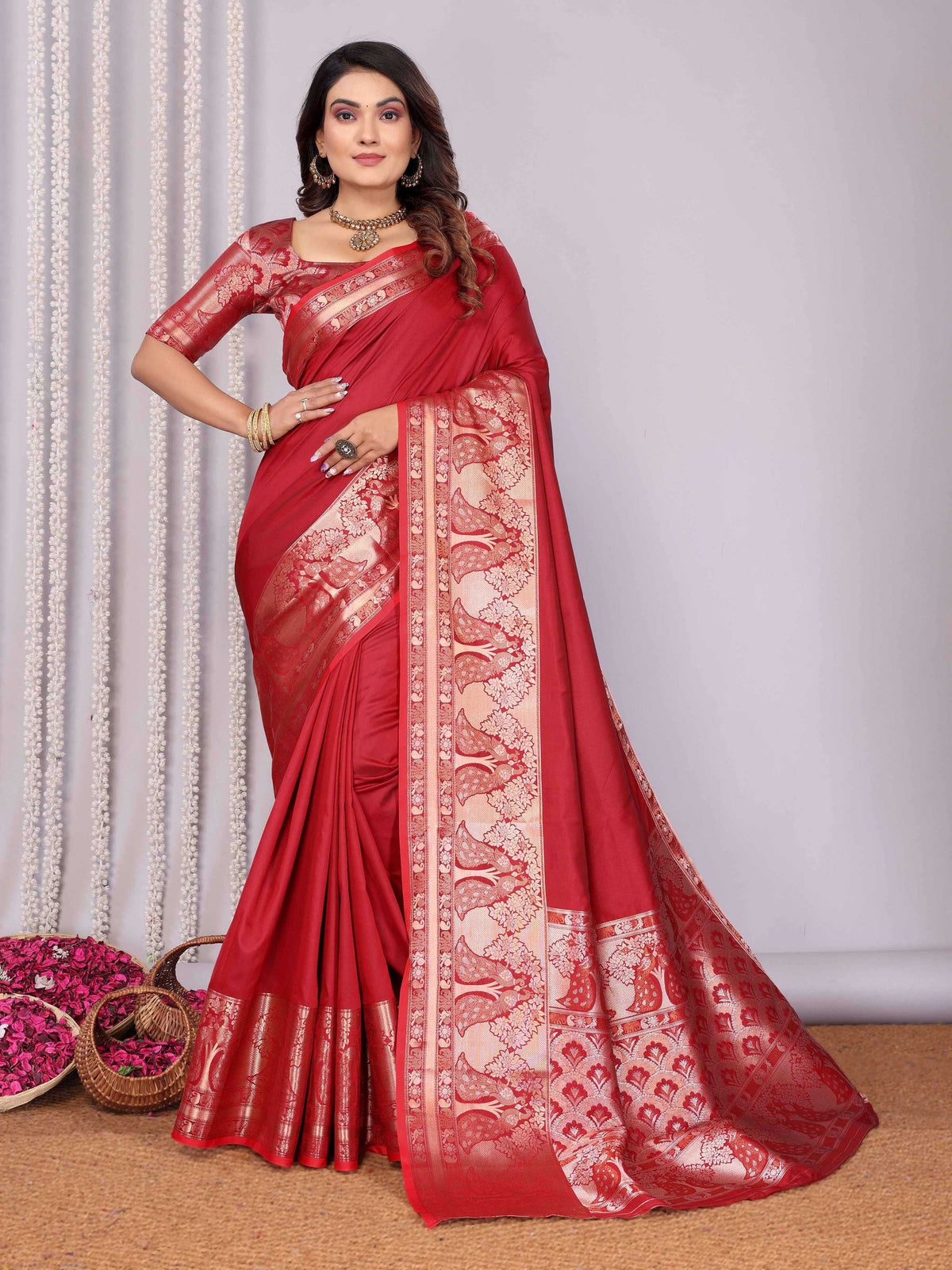Elora Red Soft Silk Plain Banarasi With Peacock Zari Jacquard Weaving Border Saree | Grocsy