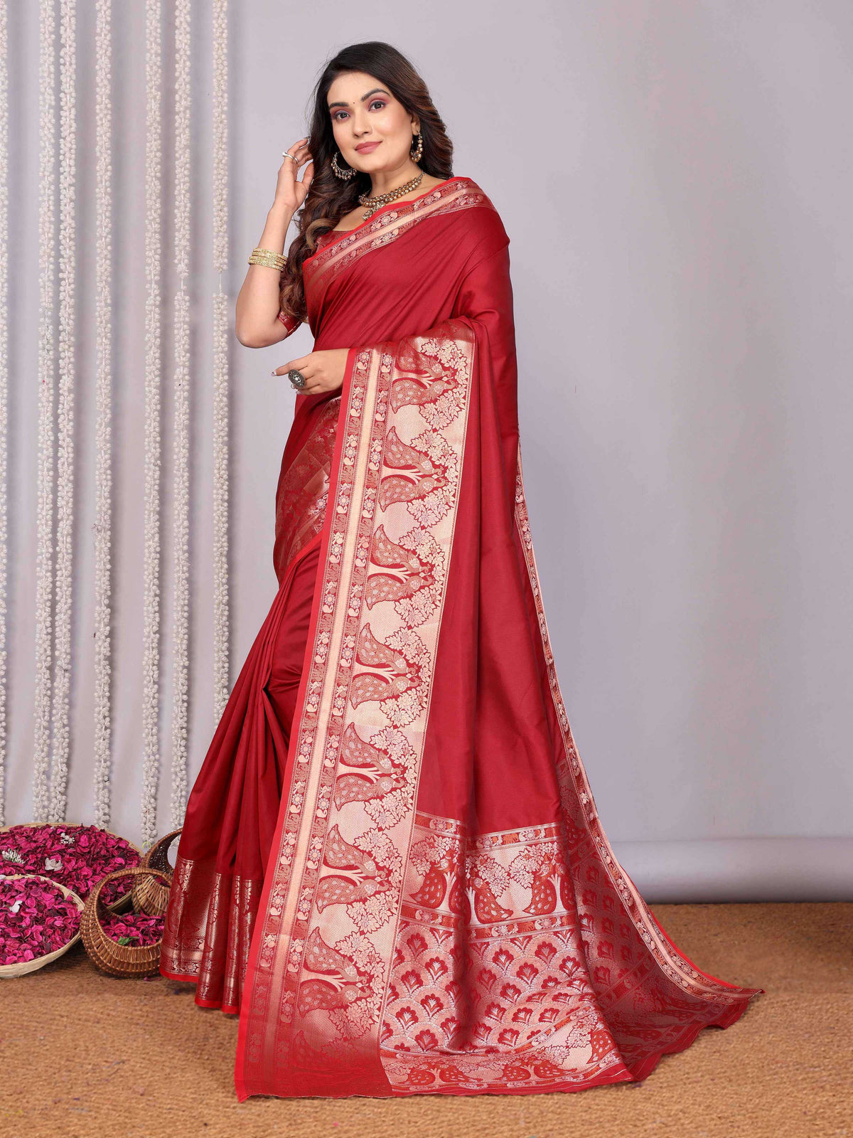 Elora Red Soft Silk Plain Banarasi With Peacock Zari Jacquard Weaving Border Saree | Grocsy