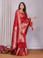 Elora Red Soft Silk Plain Banarasi With Peacock Zari Jacquard Weaving Border Saree | Grocsy