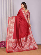 Elora Red Soft Silk Plain Banarasi With Peacock Zari Jacquard Weaving Border Saree | Grocsy