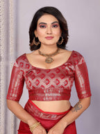 Elora Red Soft Silk Plain Banarasi With Peacock Zari Jacquard Weaving Border Saree | Grocsy