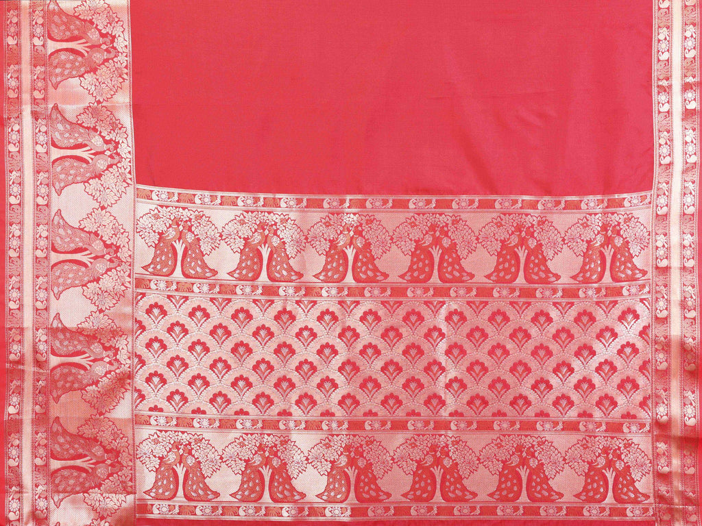Elora Red Soft Silk Plain Banarasi With Peacock Zari Jacquard Weaving Border Saree | Grocsy