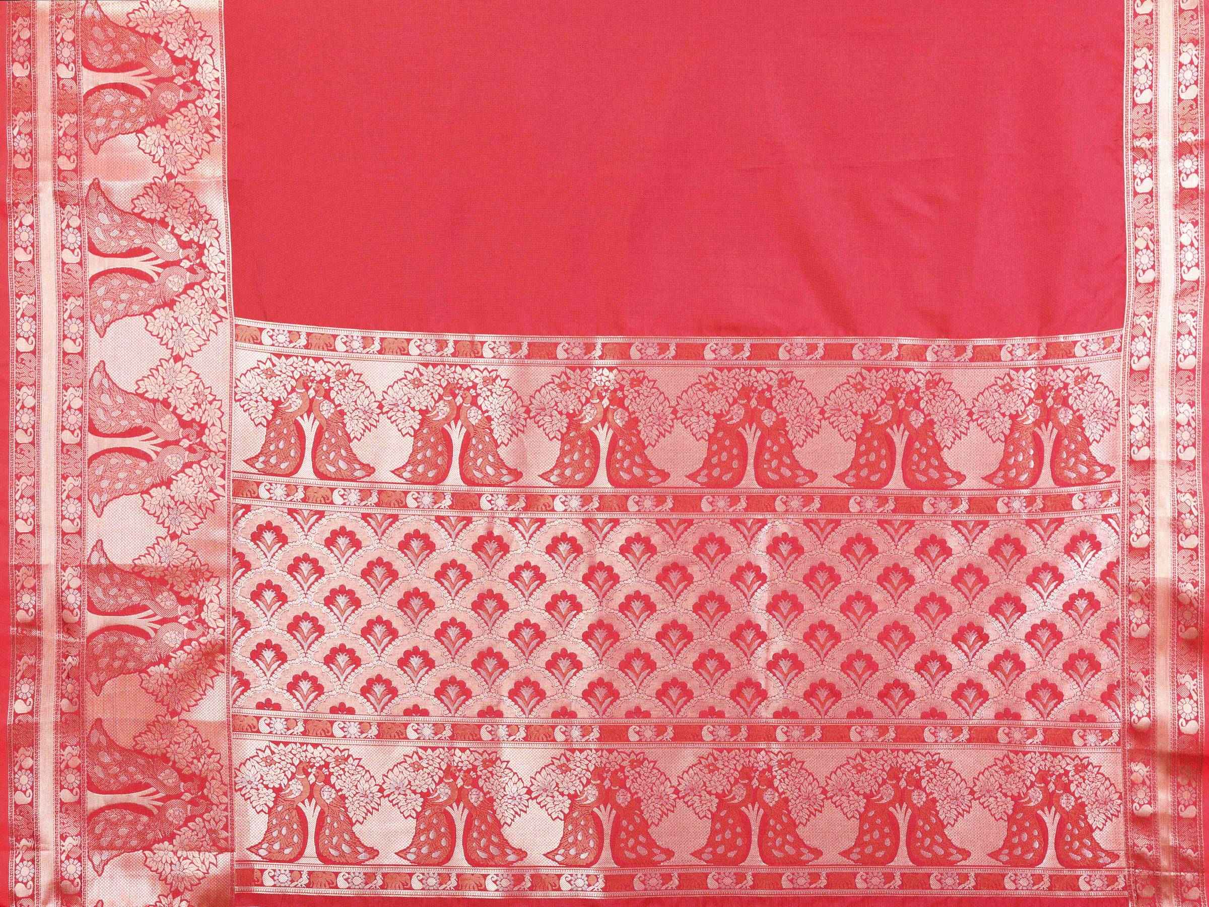 Elora Red Soft Silk Plain Banarasi With Peacock Zari Jacquard Weaving Border Saree | Grocsy