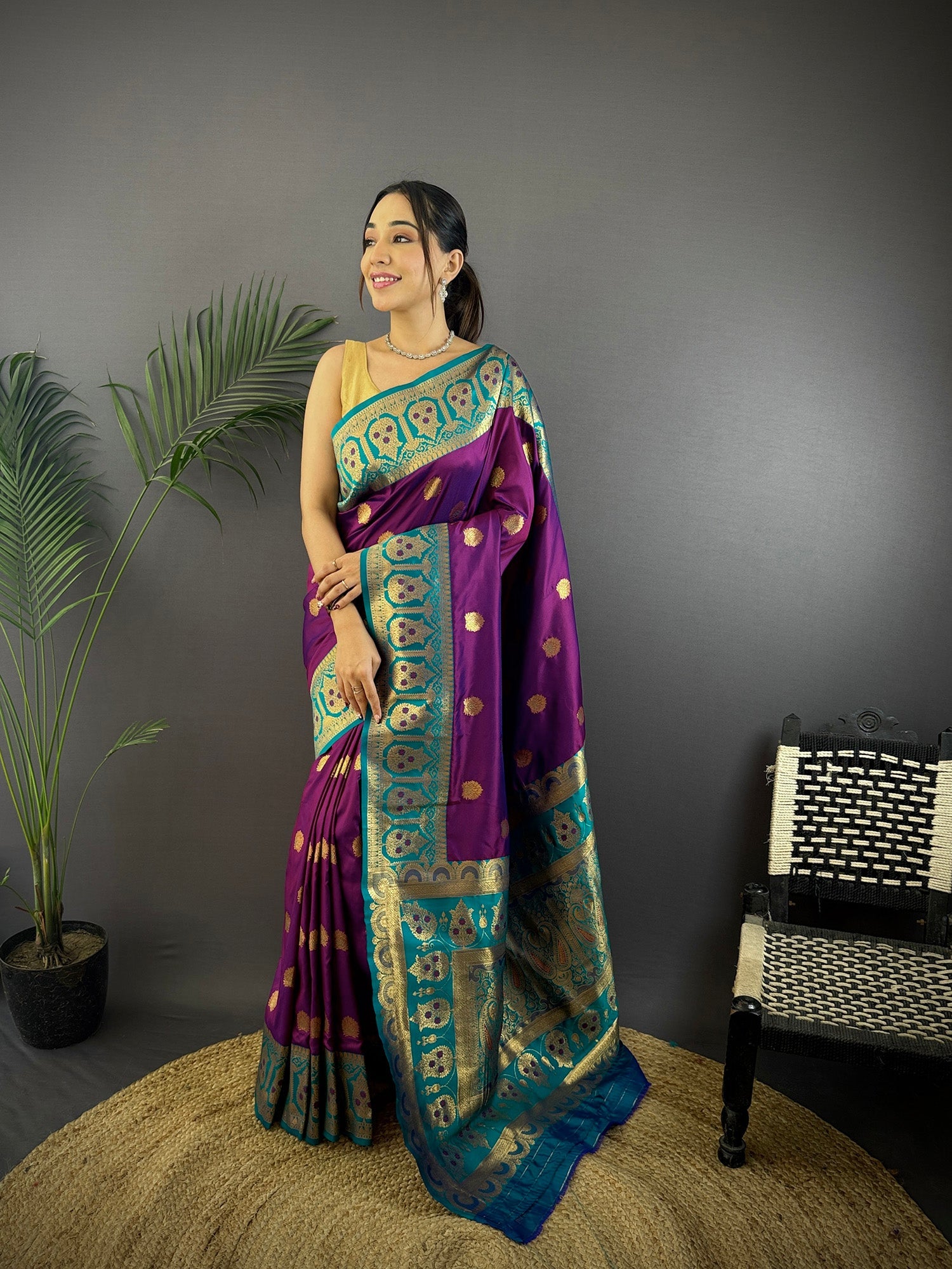 Elora Violet Soft Silk Butti Zari Weaving Constrast Pallu Banarasi Saree | Grocsy