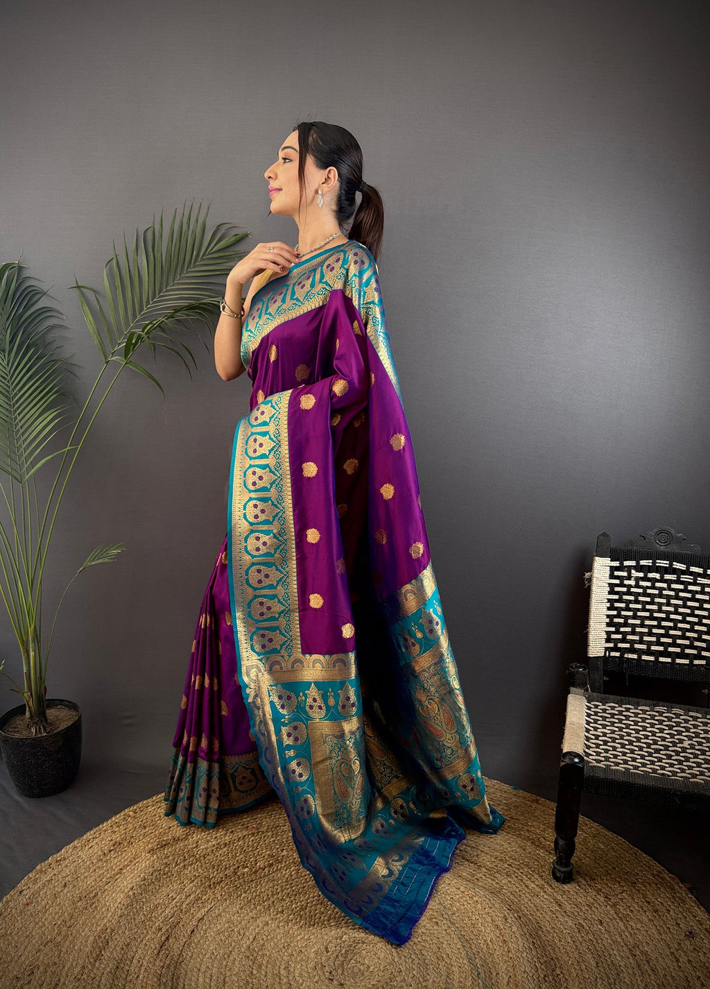 Elora Violet Soft Silk Butti Zari Weaving Constrast Pallu Banarasi Saree | Grocsy