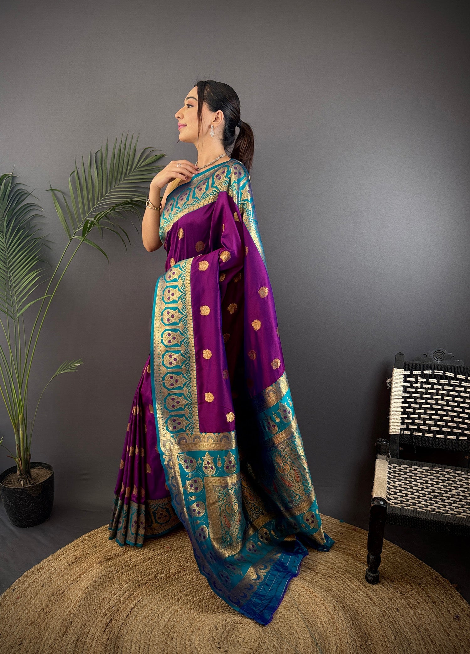 Elora Violet Soft Silk Butti Zari Weaving Constrast Pallu Banarasi Saree | Grocsy