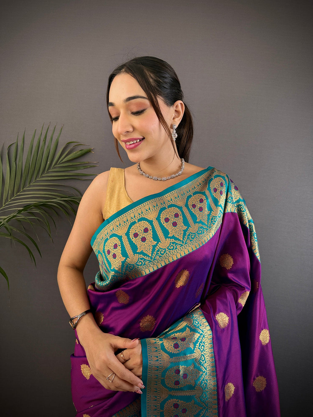 Elora Violet Soft Silk Butti Zari Weaving Constrast Pallu Banarasi Saree | Grocsy