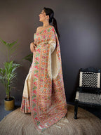 Elora White Silk Meena Weaving Pashmina Work Kashmiri Saree | Grocsy