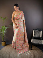 Elora White Silk Meena Weaving Pashmina Work Kashmiri Saree | Grocsy