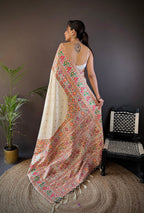 Elora White Silk Meena Weaving Pashmina Work Kashmiri Saree | Grocsy