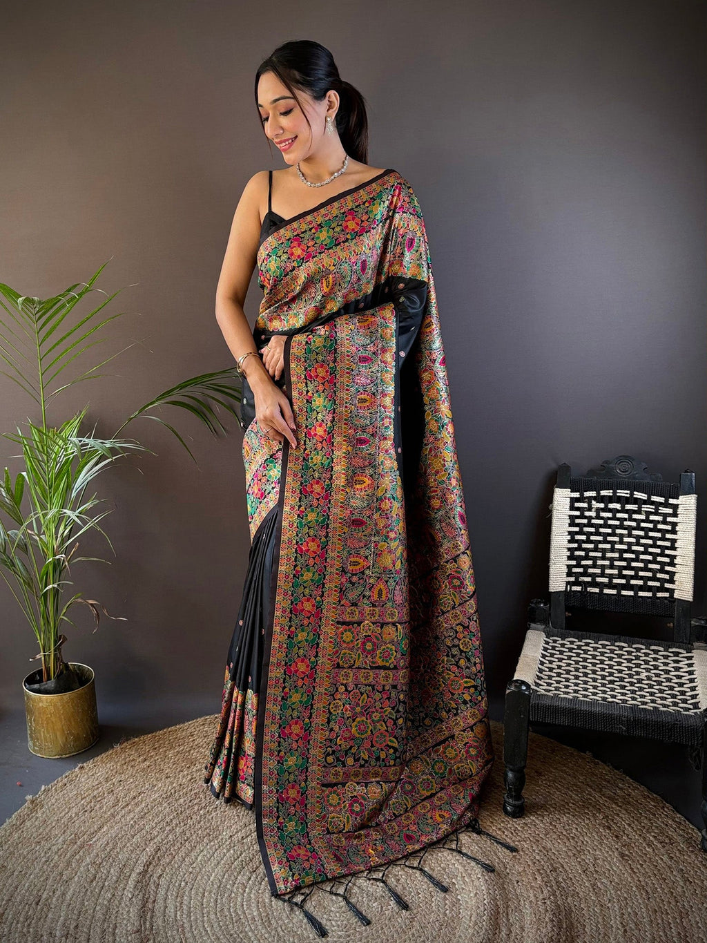 Elora Black Silk Meena Weaving Pashmina Work Kashmiri Saree | Grocsy