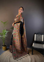 Elora Black Silk Meena Weaving Pashmina Work Kashmiri Saree | Grocsy