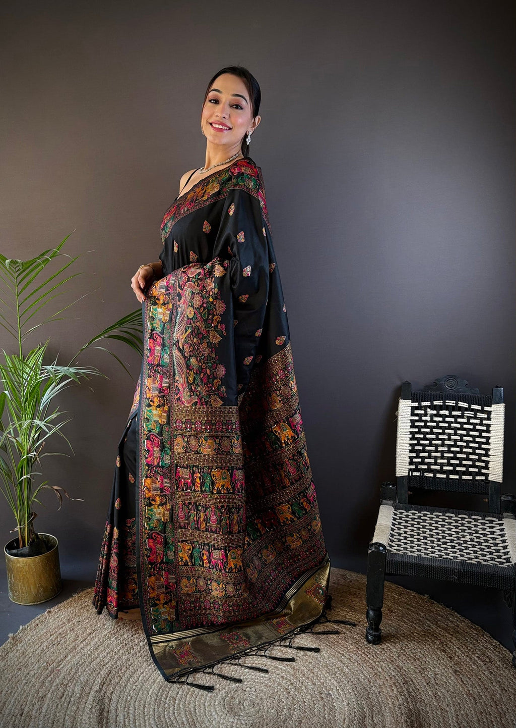 Elora Black Silk Meena Weaving Pashmina Work Kashmiri Saree | Grocsy