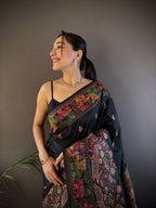 Elora Black Silk Meena Weaving Pashmina Work Kashmiri Saree | Grocsy