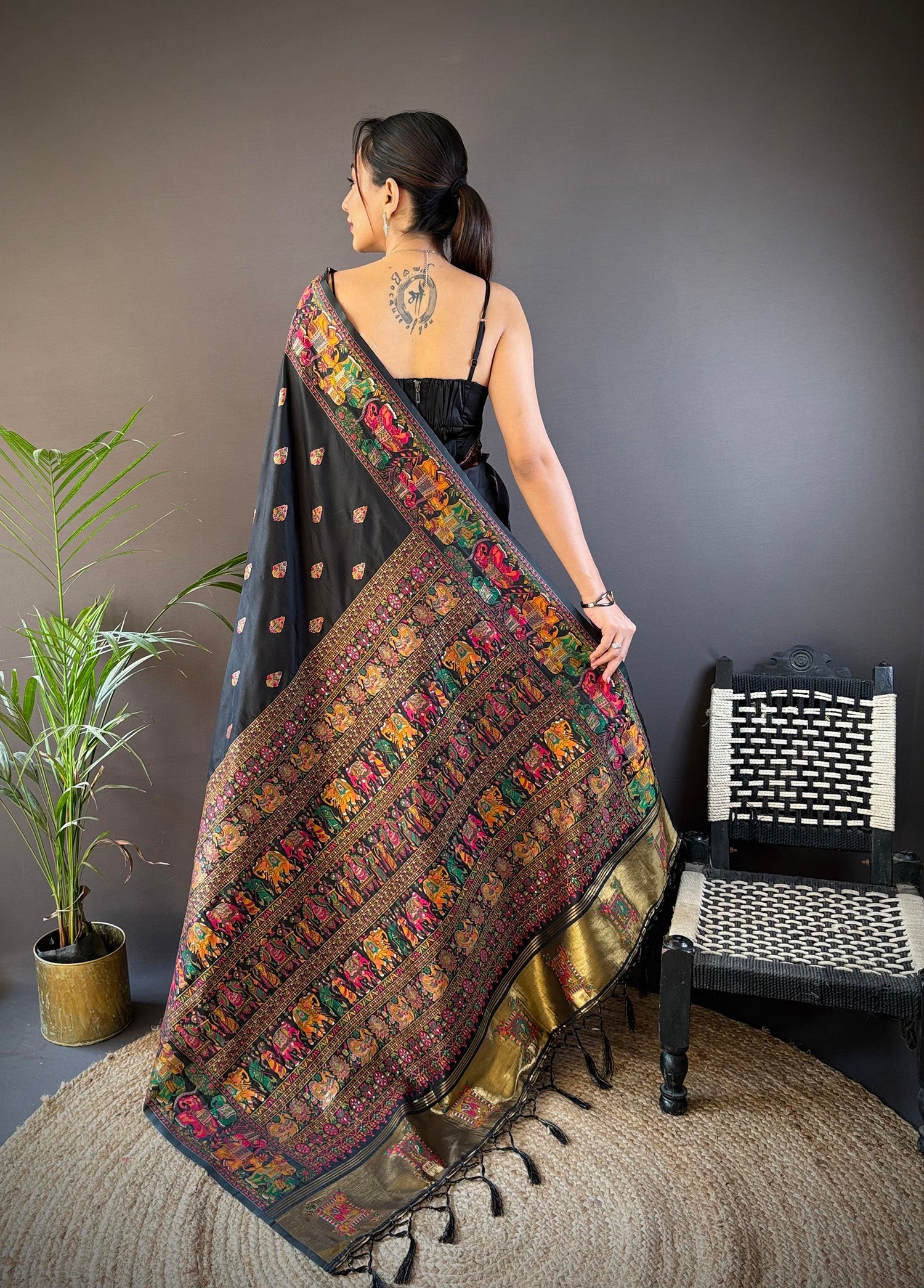 Elora Black Silk Meena Weaving Pashmina Work Kashmiri Saree | Grocsy