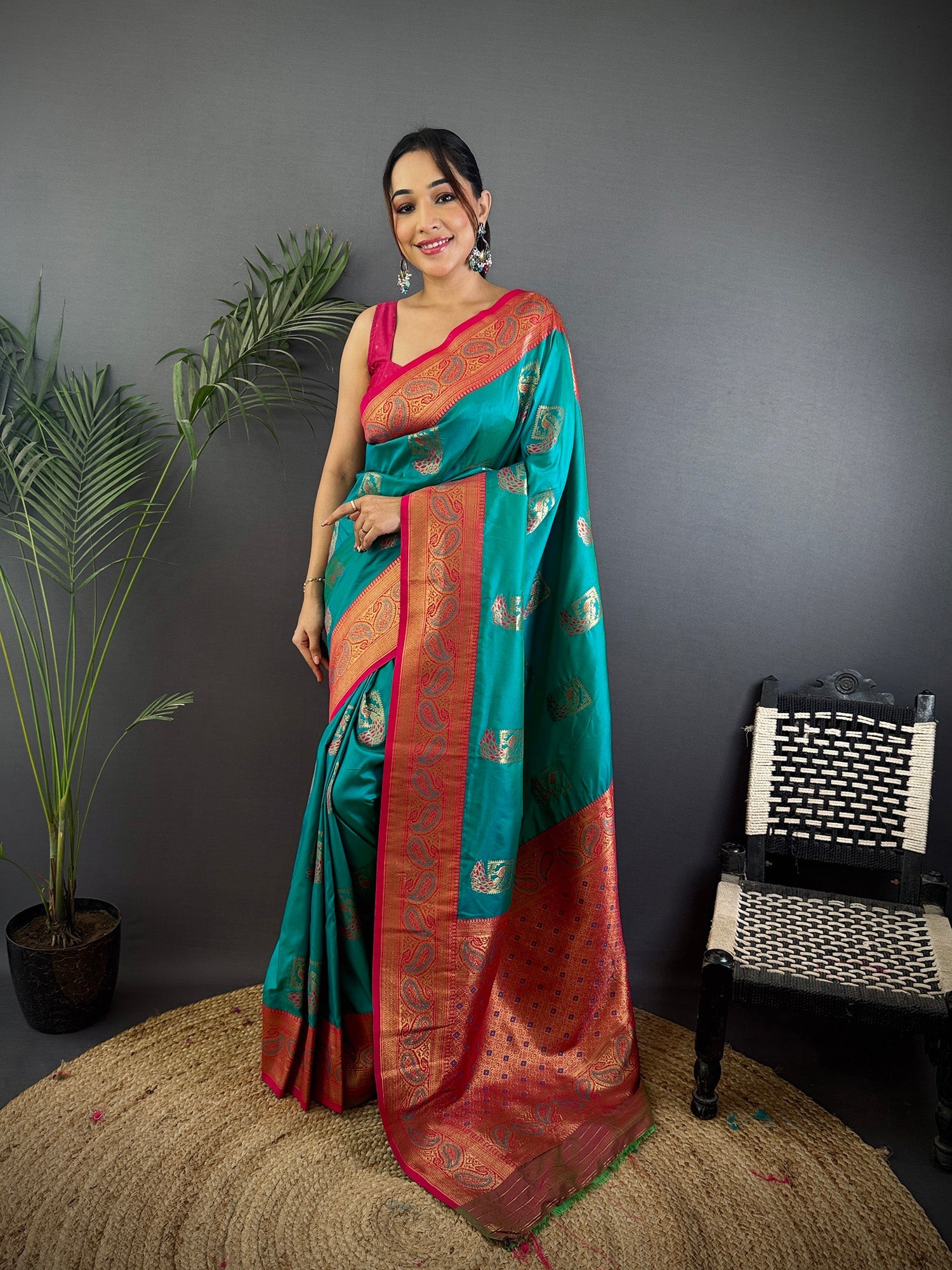 Elora Teal Soft Silk Peacock Pattern Zari Weaving Contrast Border Banarasi Saree | Grocsy