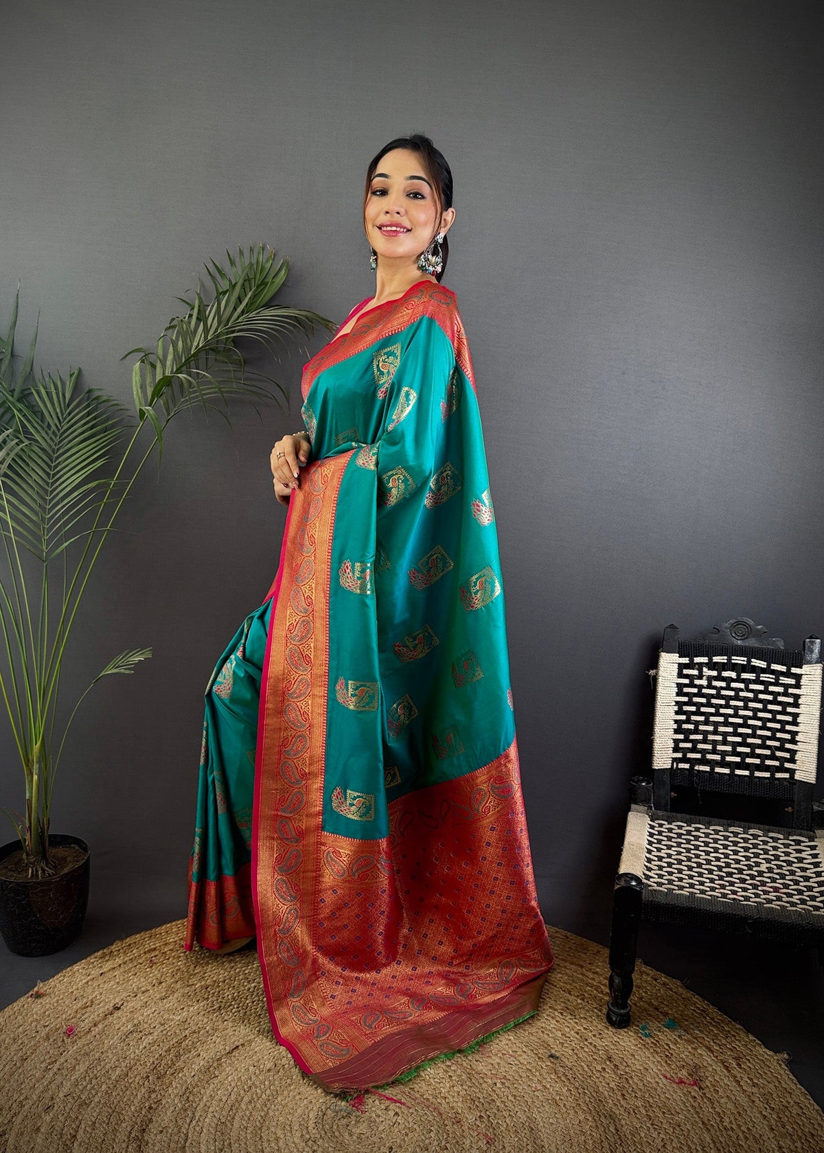 Elora Teal Soft Silk Peacock Pattern Zari Weaving Contrast Border Banarasi Saree | Grocsy