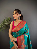 Elora Teal Soft Silk Peacock Pattern Zari Weaving Contrast Border Banarasi Saree | Grocsy