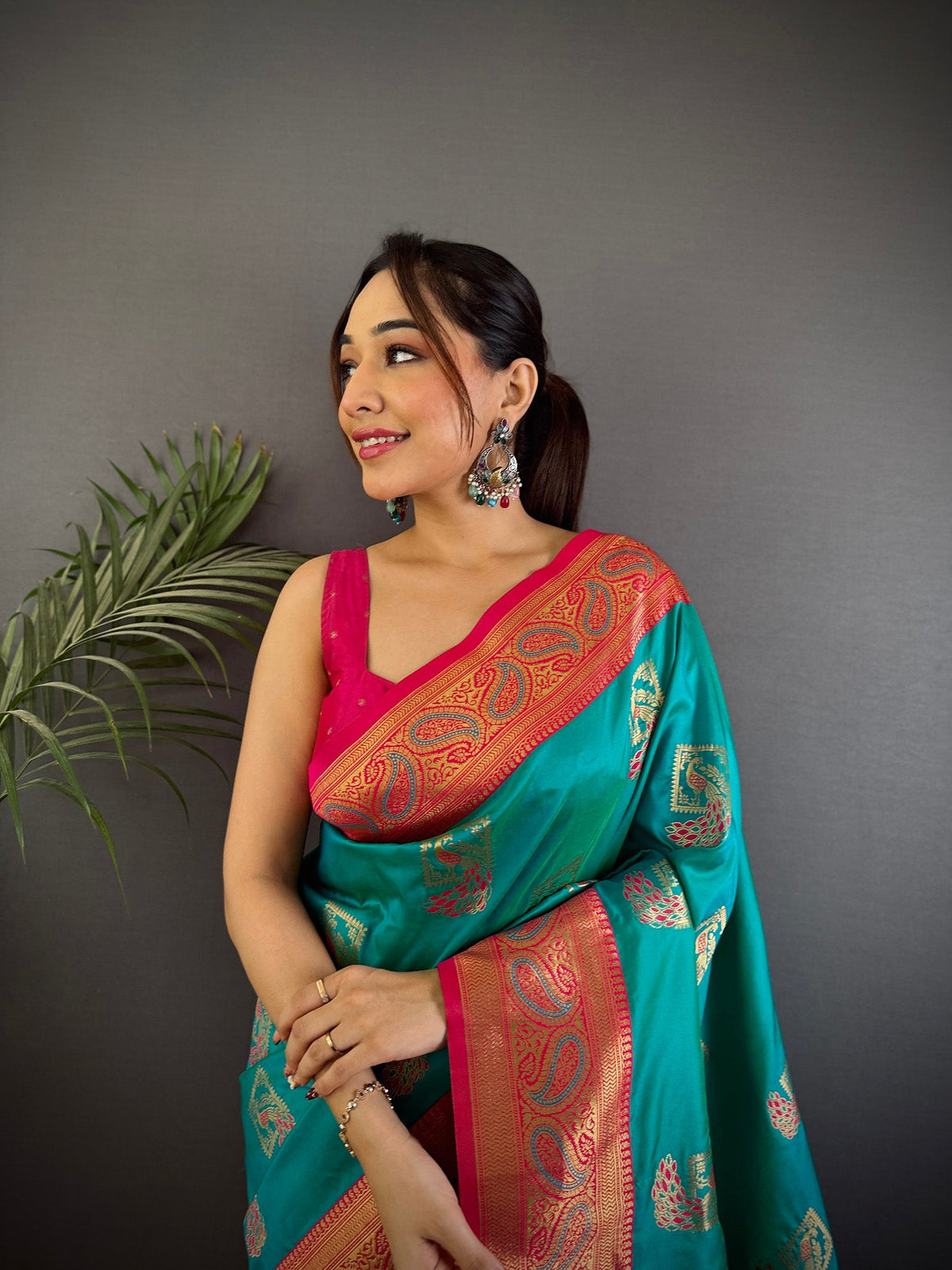 Elora Teal Soft Silk Peacock Pattern Zari Weaving Contrast Border Banarasi Saree | Grocsy