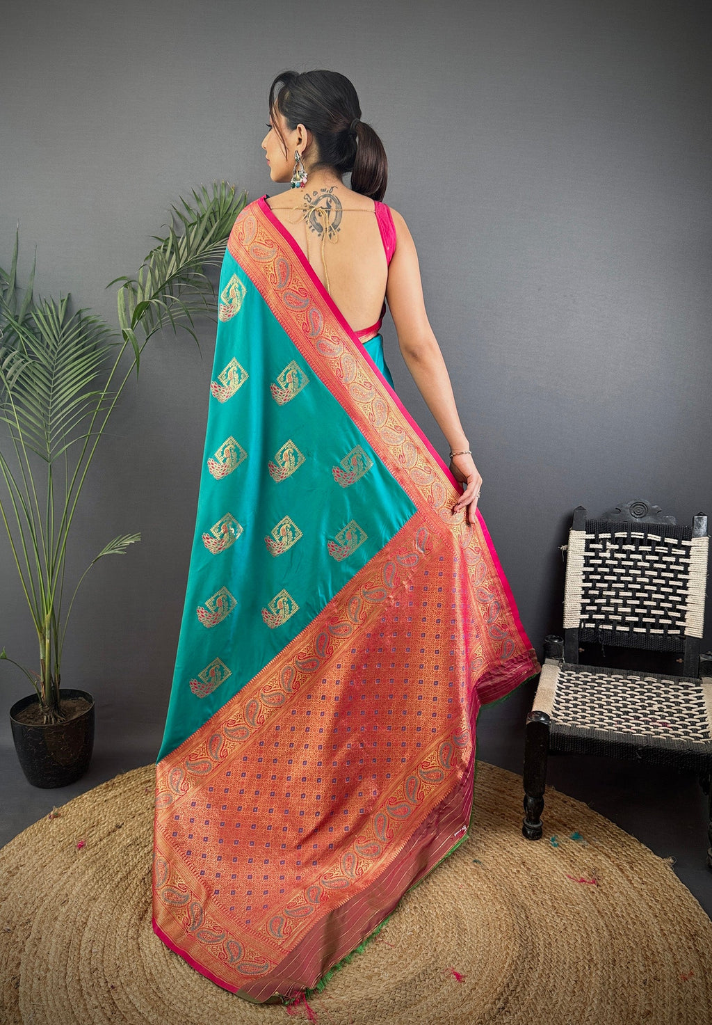 Elora Teal Soft Silk Peacock Pattern Zari Weaving Contrast Border Banarasi Saree | Grocsy