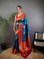 Elora Blue Soft Silk Peacock Pattern Zari Weaving Contrast Border Banarasi Saree | Grocsy