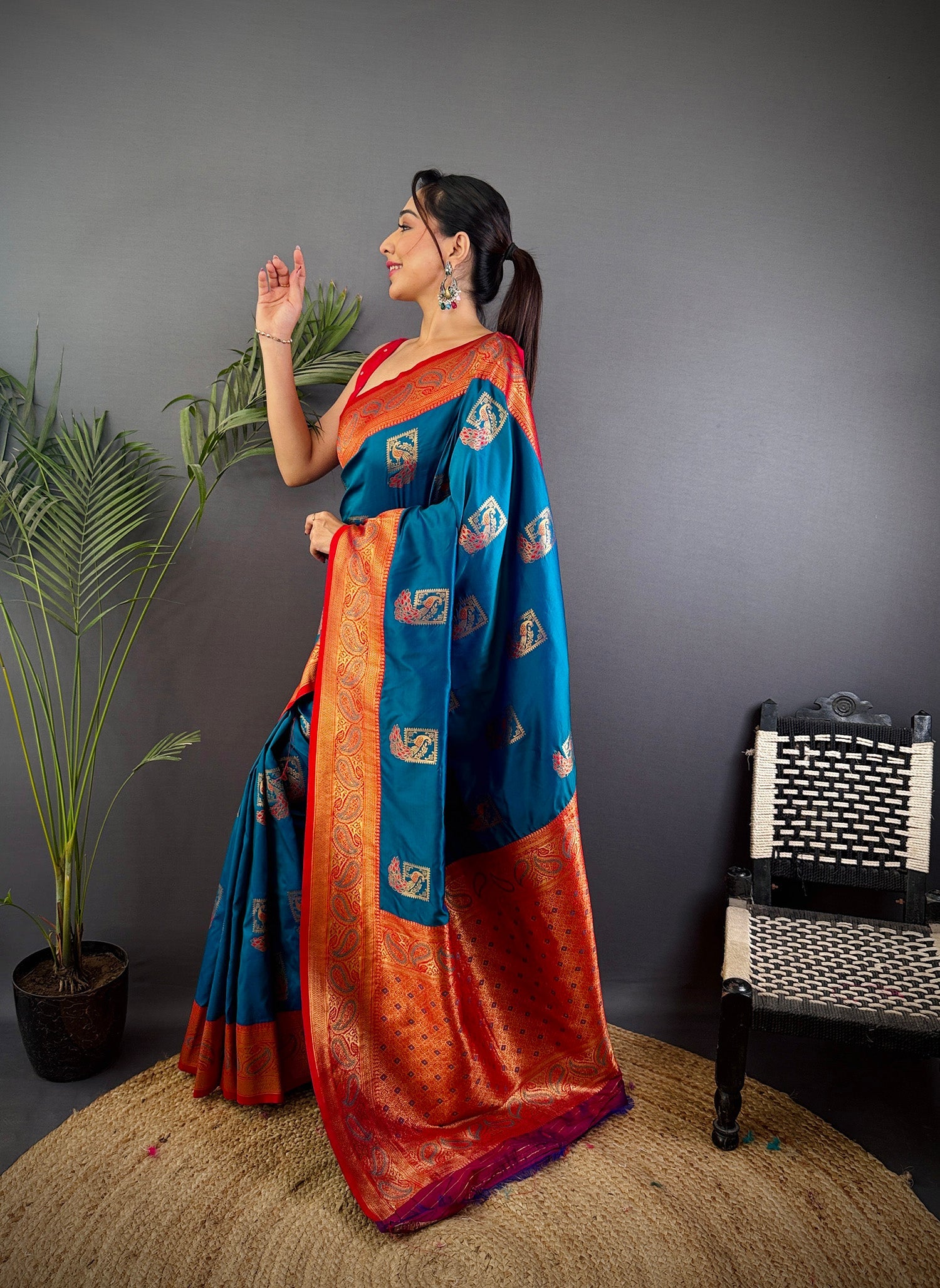 Elora Blue Soft Silk Peacock Pattern Zari Weaving Contrast Border Banarasi Saree | Grocsy