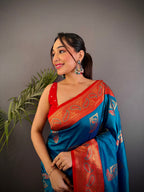 Elora Blue Soft Silk Peacock Pattern Zari Weaving Contrast Border Banarasi Saree | Grocsy