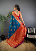 Elora Blue Soft Silk Peacock Pattern Zari Weaving Contrast Border Banarasi Saree | Grocsy