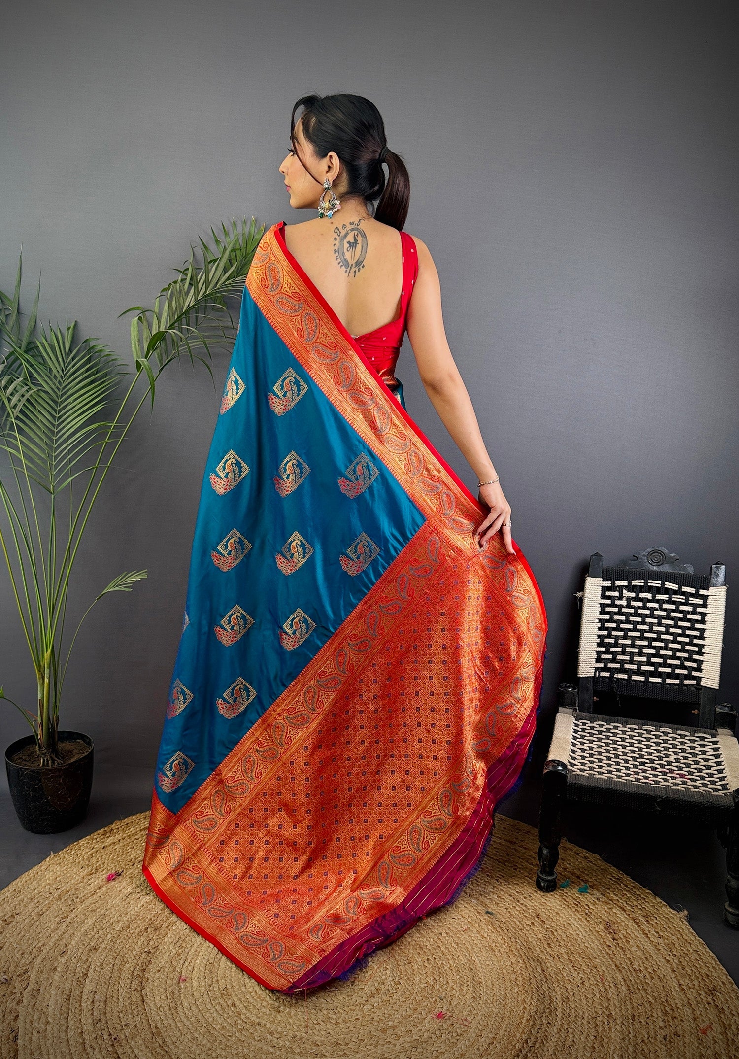 Elora Blue Soft Silk Peacock Pattern Zari Weaving Contrast Border Banarasi Saree | Grocsy