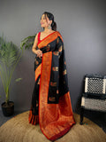 Elora Black Soft Silk Peacock Pattern Zari Weaving Contrast Border Banarasi Saree | Grocsy