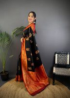 Elora Black Soft Silk Peacock Pattern Zari Weaving Contrast Border Banarasi Saree | Grocsy
