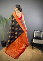 Elora Black Soft Silk Peacock Pattern Zari Weaving Contrast Border Banarasi Saree | Grocsy