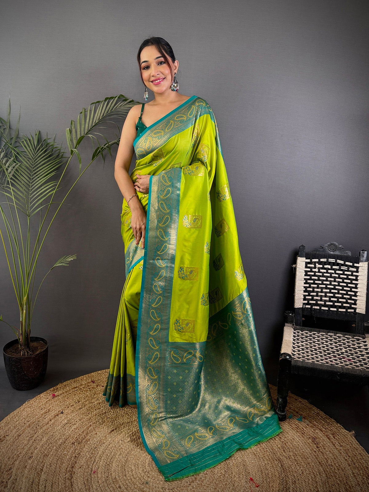Elora Lime Green Soft Silk Peacock Pattern Zari Weaving Contrast Border Banarasi Saree | Grocsy