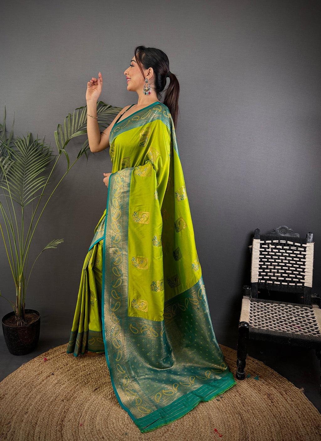 Elora Lime Green Soft Silk Peacock Pattern Zari Weaving Contrast Border Banarasi Saree | Grocsy