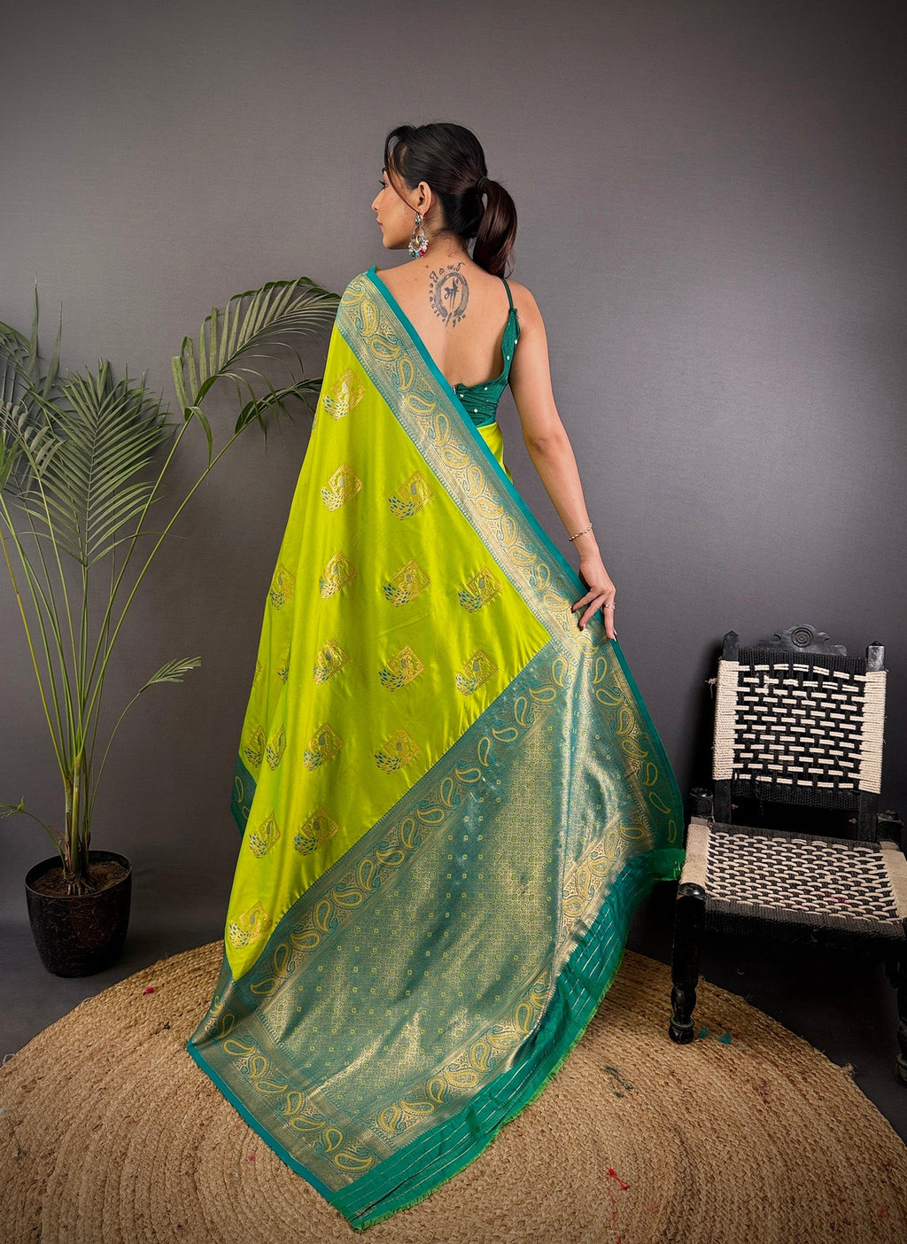 Elora Lime Green Soft Silk Peacock Pattern Zari Weaving Contrast Border Banarasi Saree | Grocsy