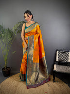 Elora Orange Soft Silk Peacock Pattern Zari Weaving Contrast Border Banarasi Saree | Grocsy