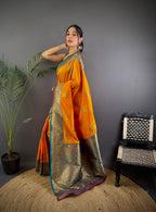 Elora Orange Soft Silk Peacock Pattern Zari Weaving Contrast Border Banarasi Saree | Grocsy