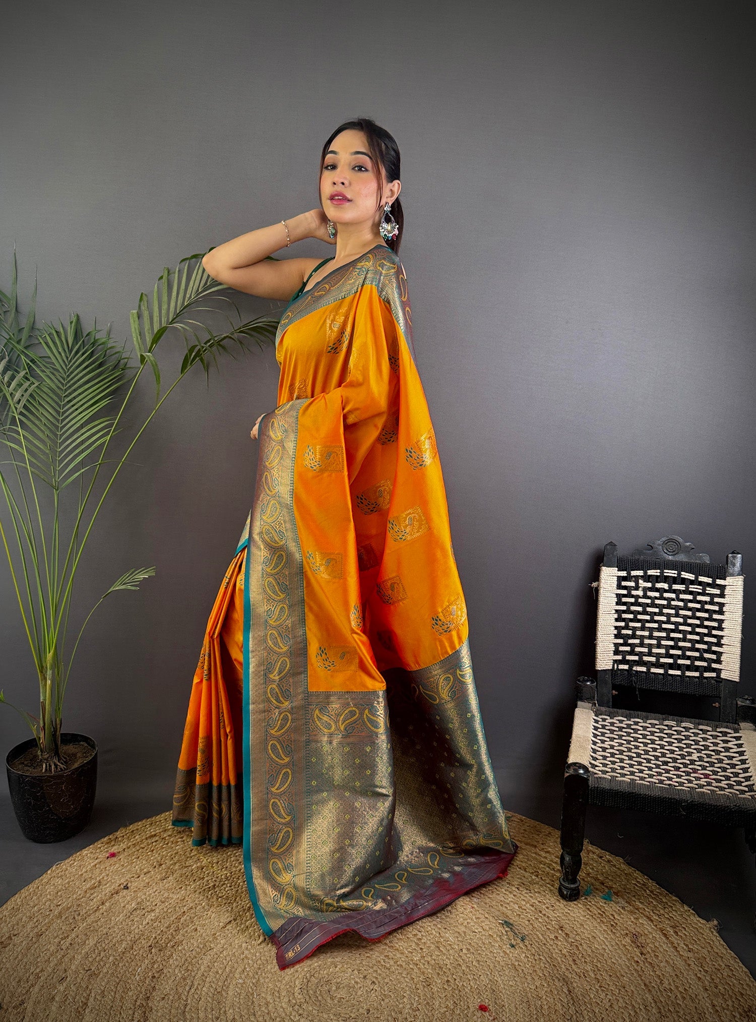 Elora Orange Soft Silk Peacock Pattern Zari Weaving Contrast Border Banarasi Saree | Grocsy